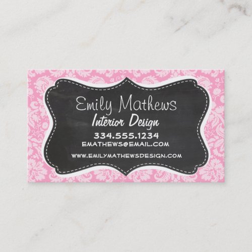 Retro Chalkboard Carnation Pink Damask Pattern Business Card Templates