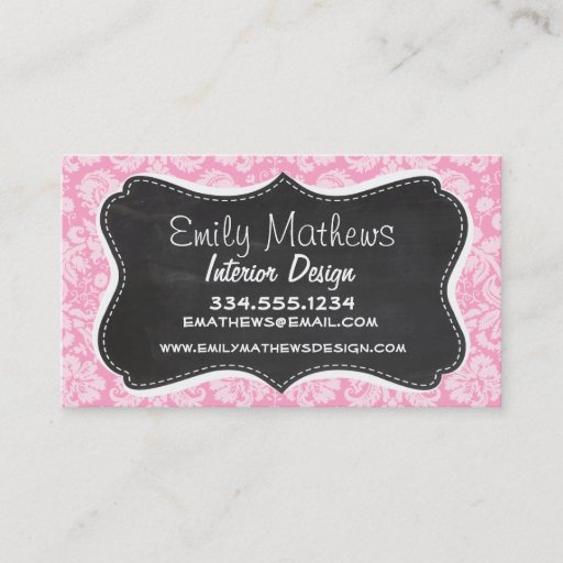 Customizable Retro Chalkboard Carnation Pink Damask Pattern Business Card Templates