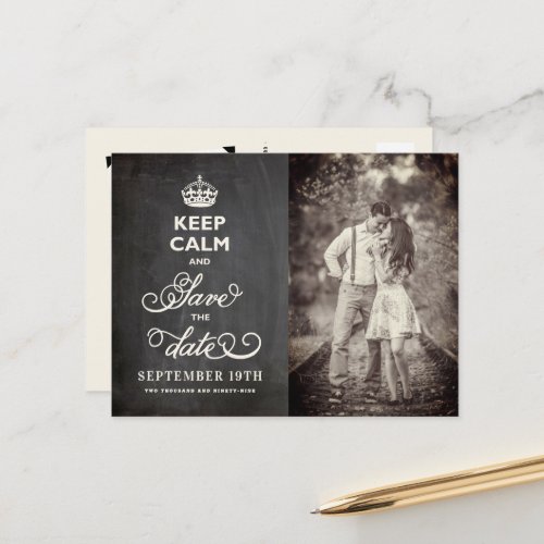 Retro Chalkboard Keep Calm And Save The Date Funny Announcement Postcard