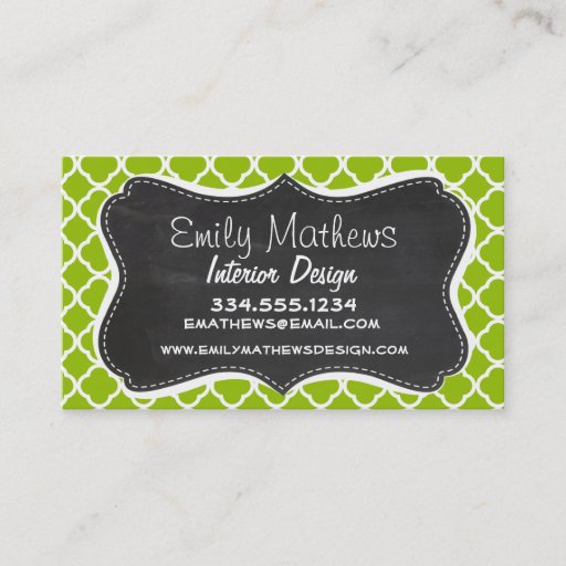 Customizable Retro Chalkboard look; Apple Green Quatrefoil Business Cards