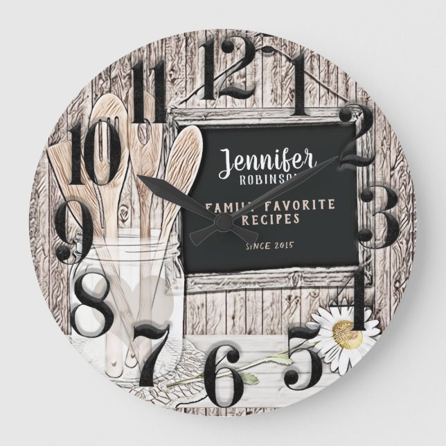 Retro Chalkboard, Mason Jar  and Daisy  Large Clock (Front)