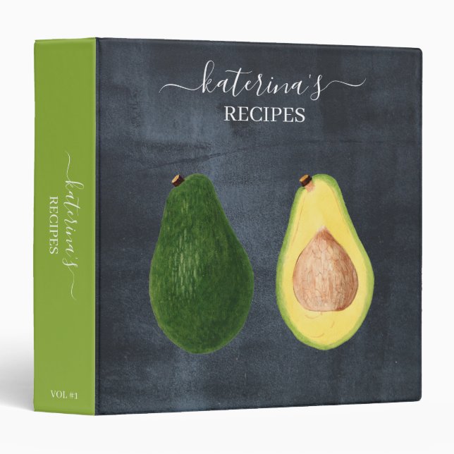 Retro Chalkboard Watercolor Avocado Recipe 3 Ring Binder (Front/Spine)