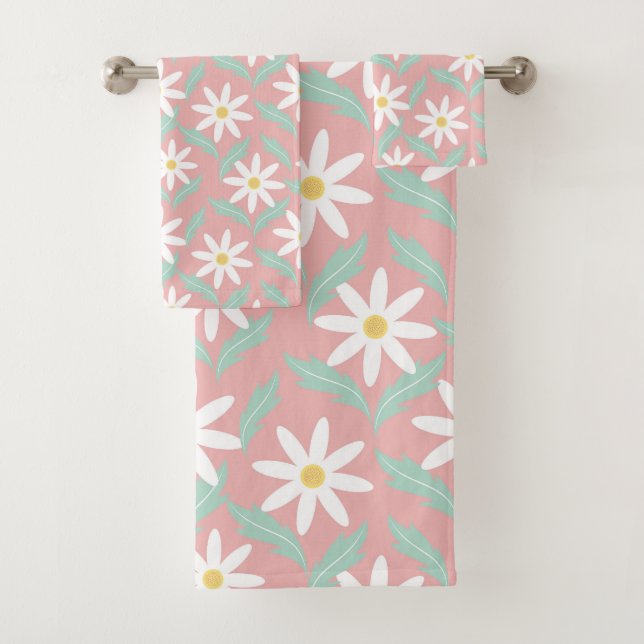 Retro Chamomile Flower Pattern Pink Teal Design Bath Towel Set (Insitu)