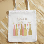 Retro Champagne Bottles Personalized Retro 1960s  Tote Bag<br><div class="desc">These cute champagne bottles conjure up the spirit of the 1950s and '60s -- the Atomic Age, the Space Age. This pink and gold lighthearted bag would be great for a wine lover, BFF, bridesmaid, aunt, niece, or anyone else you love and with whom you share good times. Personalize these...</div>