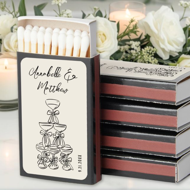 Retro Champagne Hand Drawn Wedding Matchboxes (Vintage Champagne Tower Sketch Elegant Wedding Matchboxes)