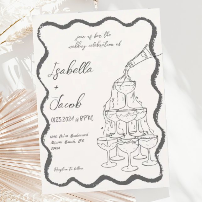 Retro Champagne Tower Wavy Hand Drawn Wedding Invitation (Creator Uploaded)