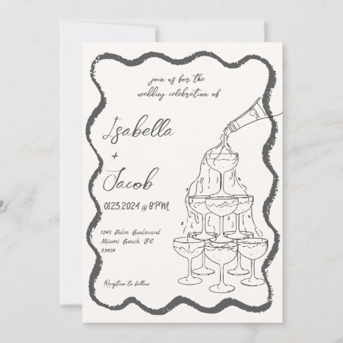 Retro Champagne Tower Wavy Hand Drawn Wedding Invitation