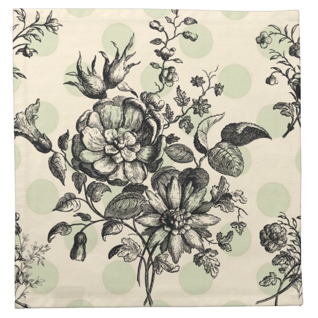 Retro Charm: Antique Flowers on Polka Dots Cloth Napkin (Front)