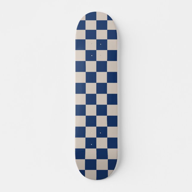 Retro Check Checkerboard Pattern in Blue and Beige Skateboard (Front)