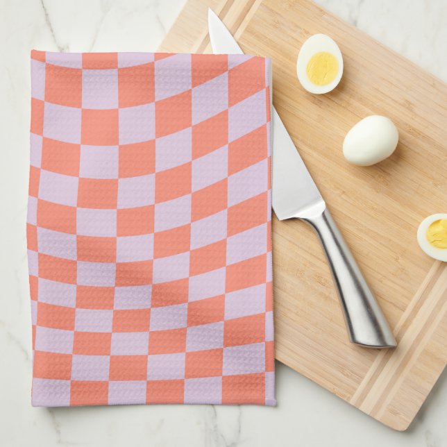 Retro Check Pattern Lilac And Orange Checkerboard Kitchen Towel (Quarter Fold)