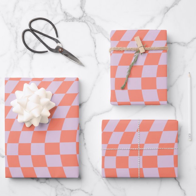 Retro Check Pattern Lilac And Orange Checkerboard Wrapping Paper Sheets (Front)