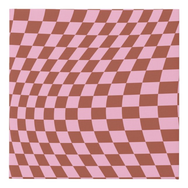 Retro Check Pattern Pink And Brown Checkerboard Faux Canvas Print (Front)