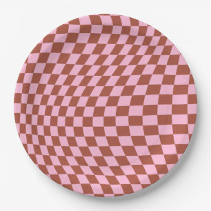 Retro Check Pattern Pink And Brown Checkerboard Paper Plates