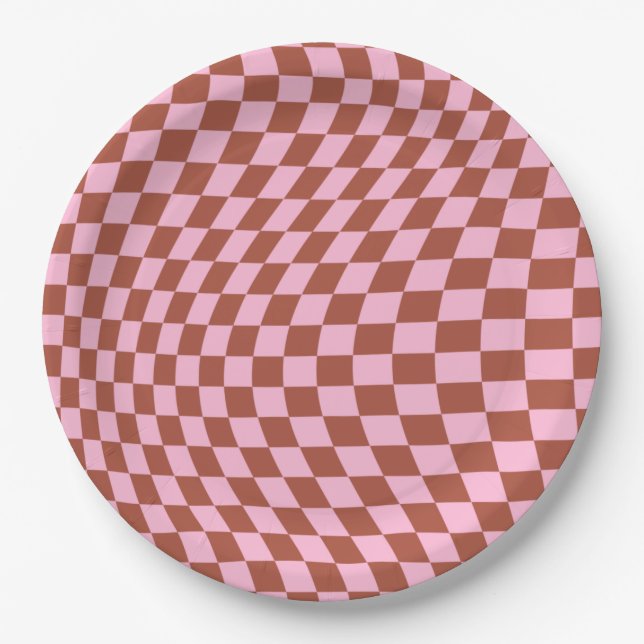 Retro Check Pattern Pink And Brown Checkerboard Paper Plates (Front)