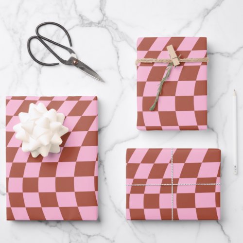 Retro Check Pattern Pink And Brown Checkerboard Wrapping Paper Sheets