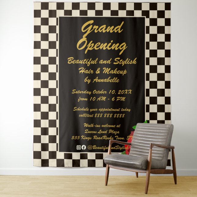 Retro Check Red Rose Event Backdrop (In Situ)