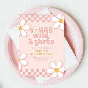 Retro Check Young Wild Three Pink Daisy Invitation