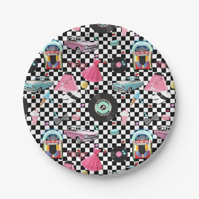 Retro Checker 50's Fifties Theme Birthday Party Paper Plates (Front)
