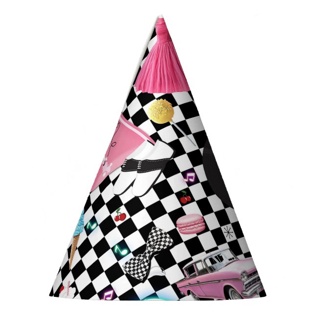 Retro Checker 50's Fifties Theme Birthday Party Party Hat (Left)