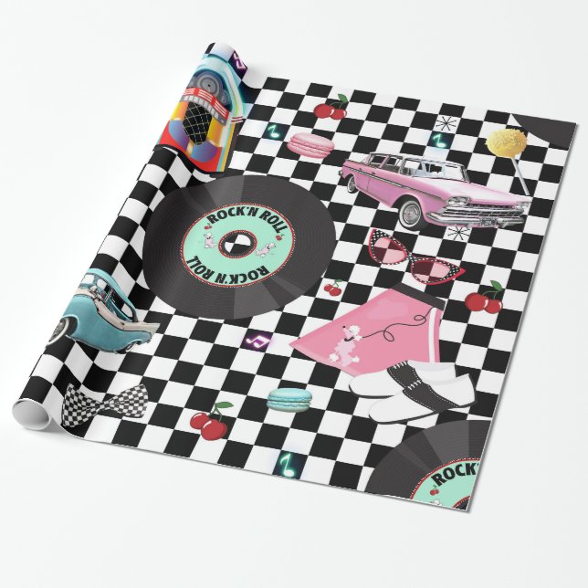 Retro Checker 50's Fifties Theme Birthday Party Wrapping Paper (Unrolled)