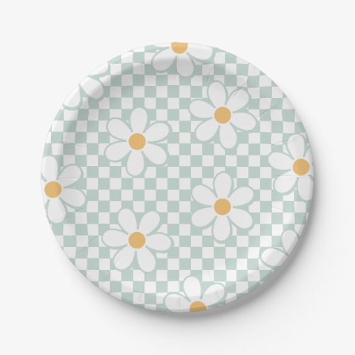 Retro Checker Daisy mint birthday Paper Plates