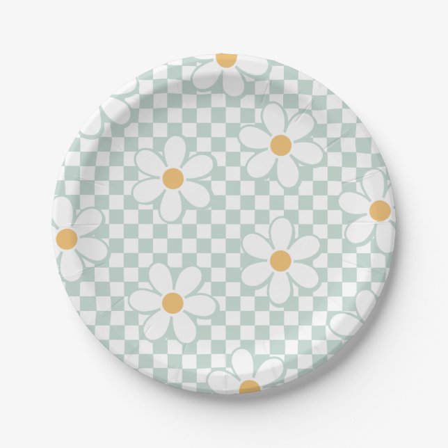 Retro Checker Daisy mint birthday Paper Plates (Front)