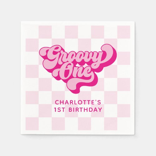 Retro Checker Hot Pink Groovy One Napkins