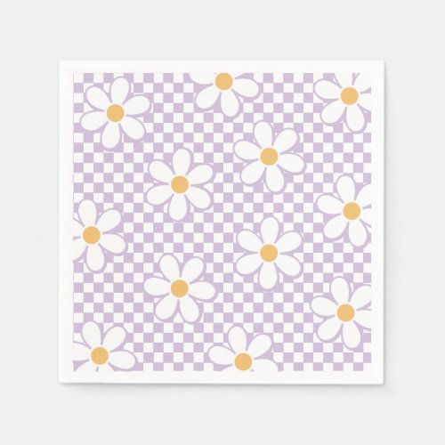 Retro Checker Lilac Daisy birthday Napkins