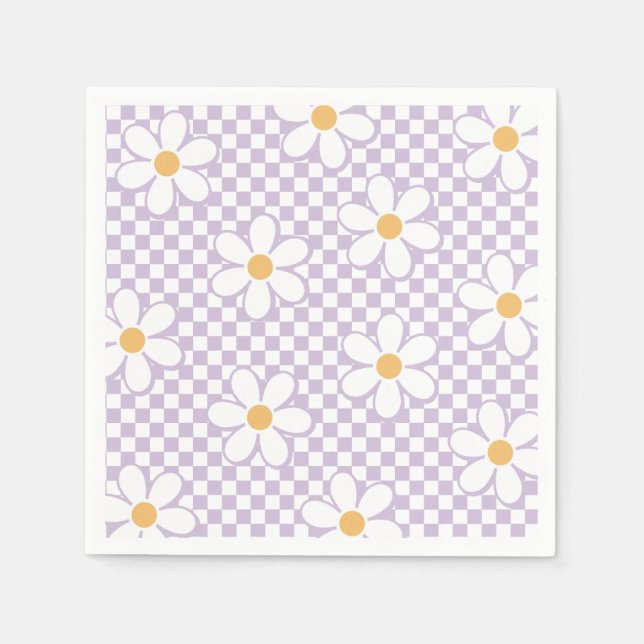 Retro Checker Lilac Daisy birthday Napkins (Front)