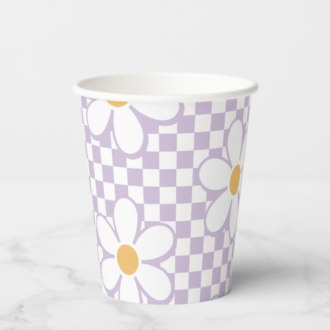Retro Checker Lilac Daisy birthday Paper Cups (Back)