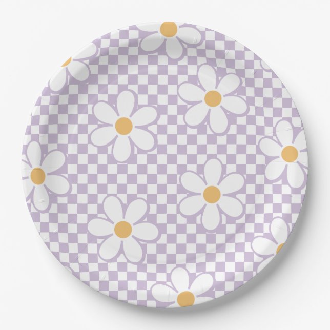 Retro Checker Lilac Daisy birthday Paper Plates (Front)