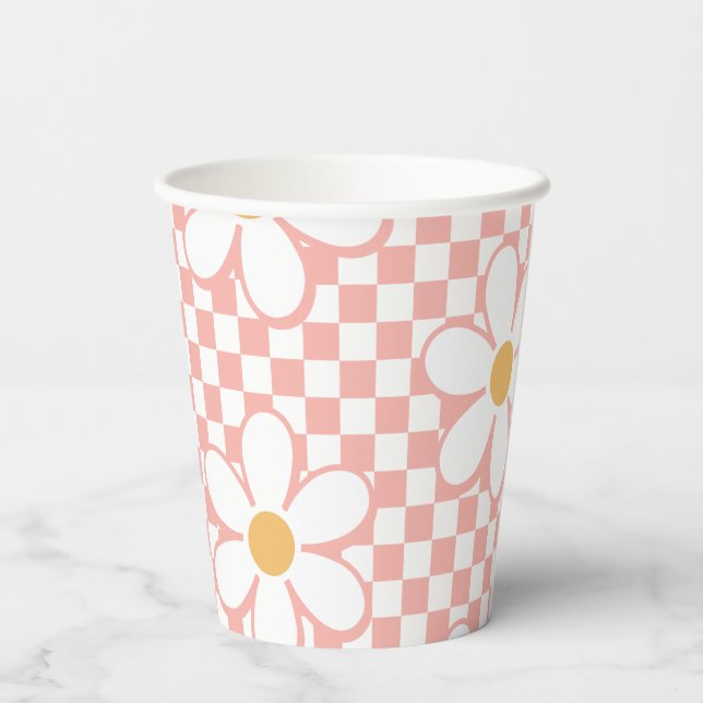 Retro Checker Pink Daisy birthday Paper Cups (Back)