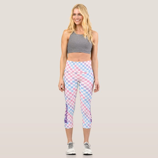 Retro Checkerboard 1990s 2000s Y2K Pastel Add Name Capri Leggings (Front)