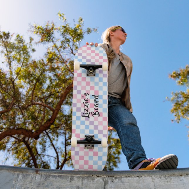 Retro Checkerboard 1990s 2000s Y2K Pastel Add Name Skateboard (Outdoor 1)