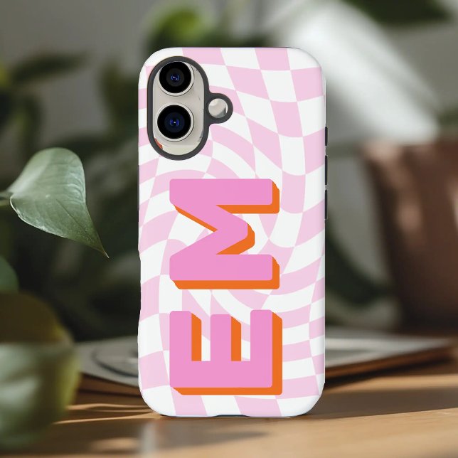 Retro Checkerboard Aesthetic Monogram Case-Mate iPhone Case (Pink Aesthetic retro initials checkerboard pattern iphone 16 plus  case)