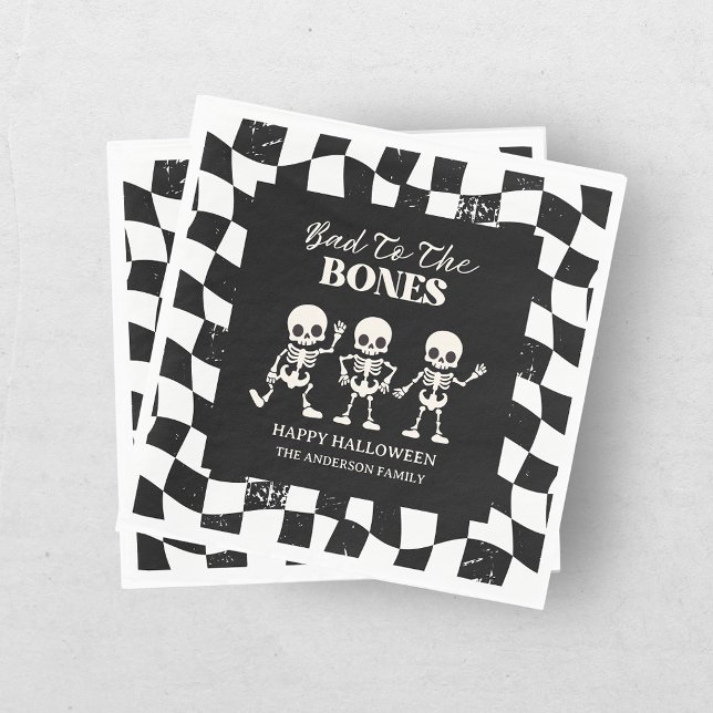 Retro Checkerboard Bad To The Bones Halloween Napkins (Creator Uploaded)