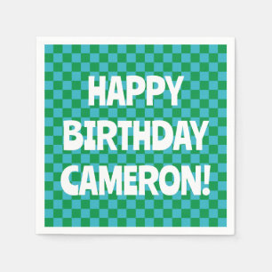 Retro Checkerboard Blue Green Custom Birthday Name Napkins