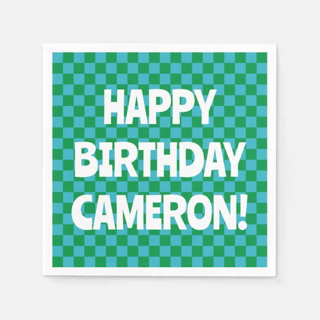 Retro Checkerboard Blue Green Custom Birthday Name Napkins (Front)