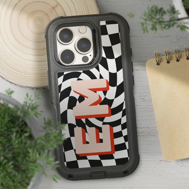 Retro Checkerboard Bold Monogram Otterbox iPhone Case (OtterBox Modern Monogram CHeckerboard Pattern Iphone 16 case)