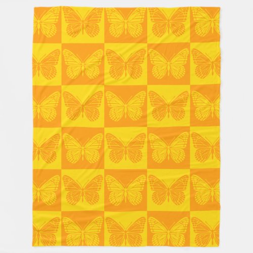 Retro Checkerboard Butterfly Pattern Yellow Orange Fleece Blanket