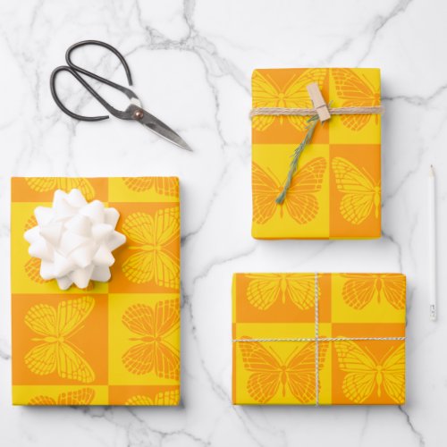 Retro Checkerboard Butterfly Pattern Yellow Orange Wrapping Paper Sheets