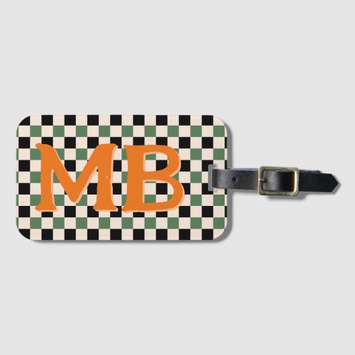 Retro Checkerboard Checkered Pattern Green Orange Luggage Tag