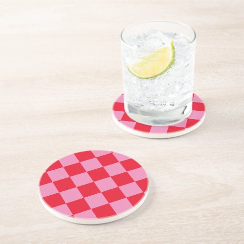 Retro Checkerboard Checkered Pattern Pink Orange Coaster