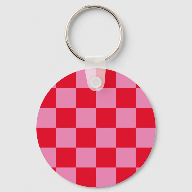 Retro Checkerboard Checkered Pattern Pink Orange Keychain (Front)