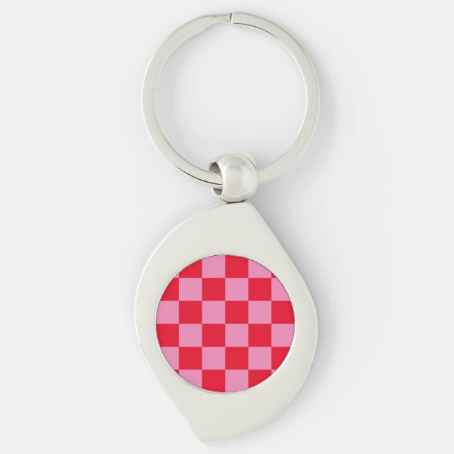 Retro Checkerboard Checkered Pattern Pink Orange Keychain (Front)