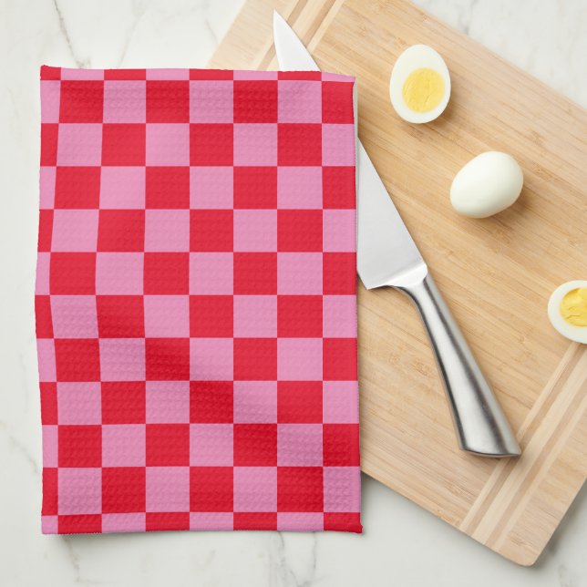 Retro Checkerboard Checkered Pattern Pink Orange Kitchen Towel (Quarter Fold)