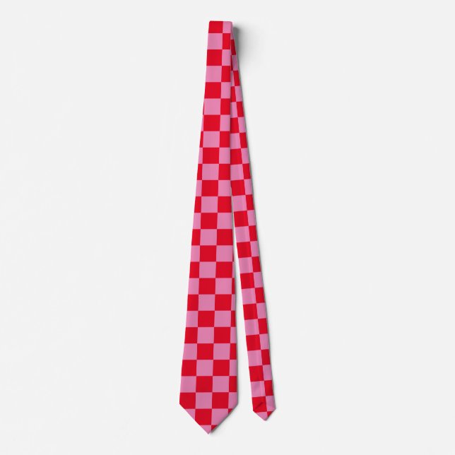 Retro Checkerboard Checkered Pattern Pink Orange Neck Tie (Front)