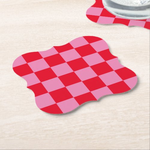 Retro Checkerboard Checkered Pattern Pink Orange Paper Coaster