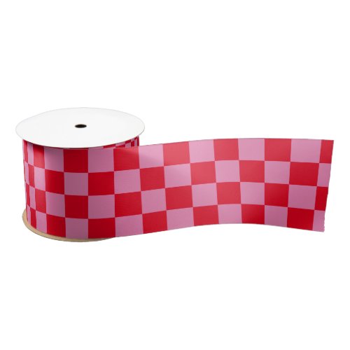 Retro Checkerboard Checkered Pattern Pink Orange Satin Ribbon