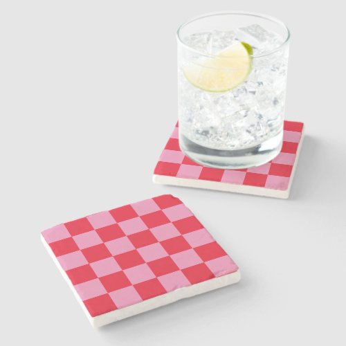 Retro Checkerboard Checkered Pattern Pink Orange Stone Coaster